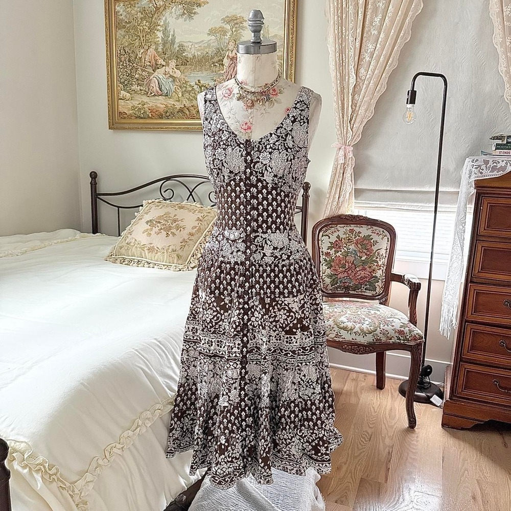 90s Jones New York 12 petite brown and cream floral print midi dress - Picture 2 of 6